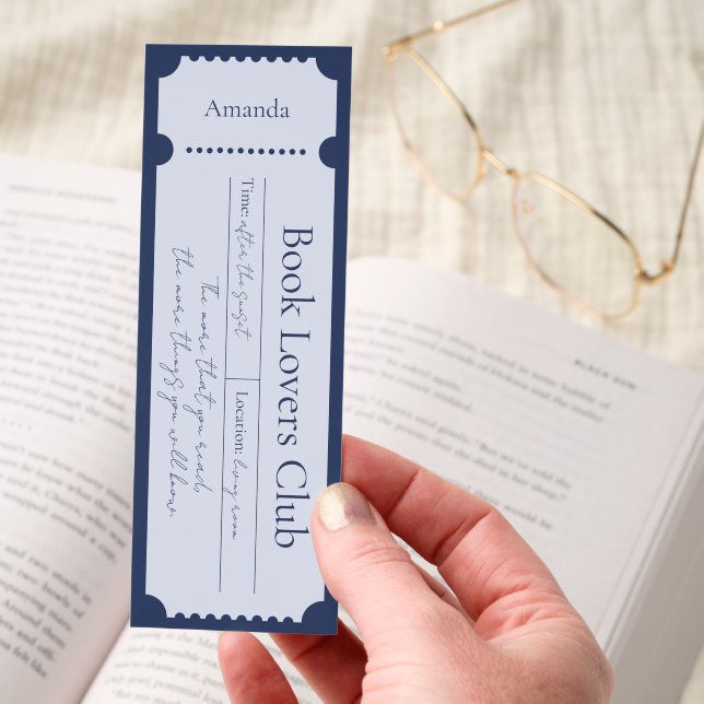 Navy Ticket Book Lover's Club Personalized Bookmarks (Hand)