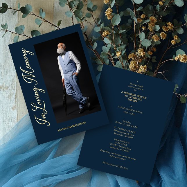 Navy Traditional & Elegant Real Golden Photo  Foil Invitation (Navy Traditional & Elegant Golden Photo Funeral Dear Ones Real Metallic Foil Invitations.)