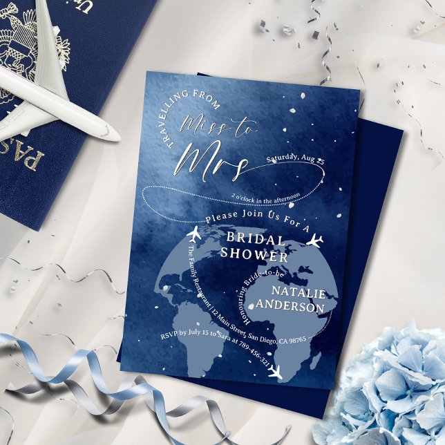 Navy Travelling From Miss to Mrs Bridal Shower Invitation (Navy Travelling From Miss to Mrs Bridal Shower Invitation)