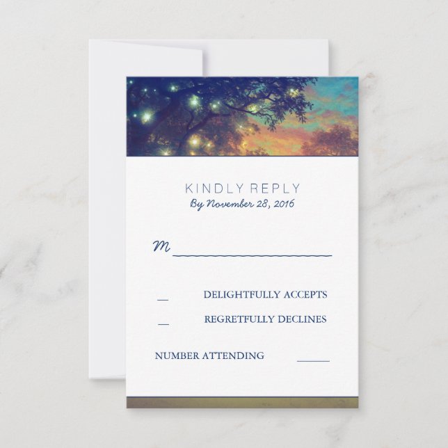 Navy Tree Lights Wedding RSVP Cards (Front)