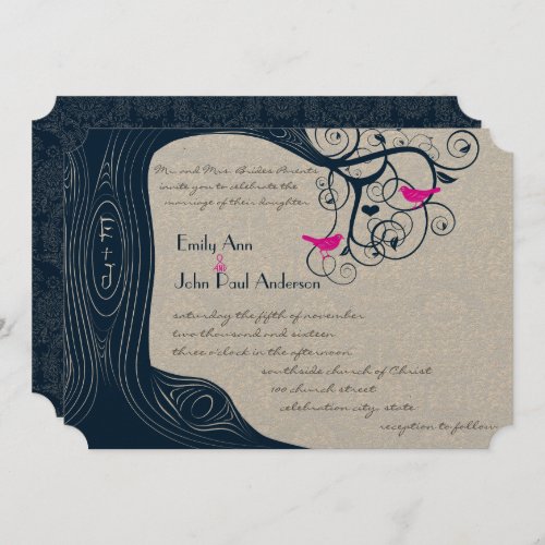 Navy Tree Swirls Fuchsia Pink Wedding Invitation