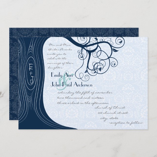 Navy Tree Swirls  Wedding Invitation (Front/Back)