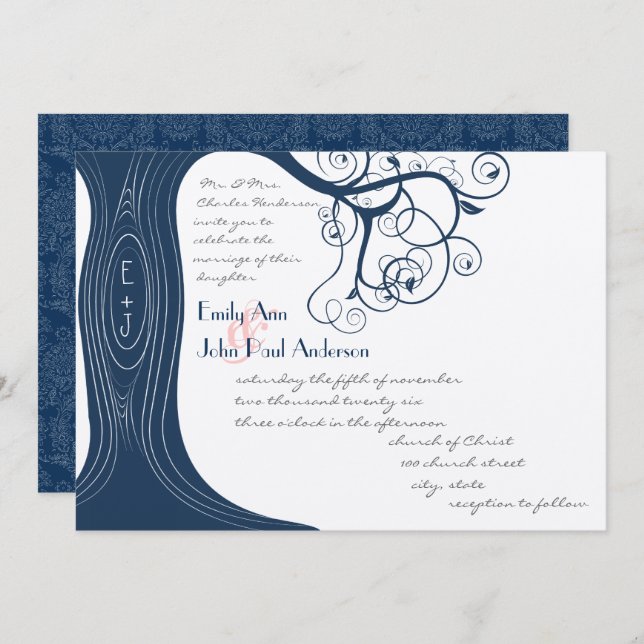 Navy Tree Swirls  Wedding Invitation (Front/Back)