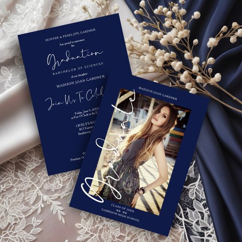 Navy Trendy Photo Whimsical Typography Simple Grad Invitation