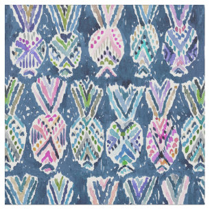 NAVY TRIBAL PINEAPPLES Tropical Watercolor Fabric