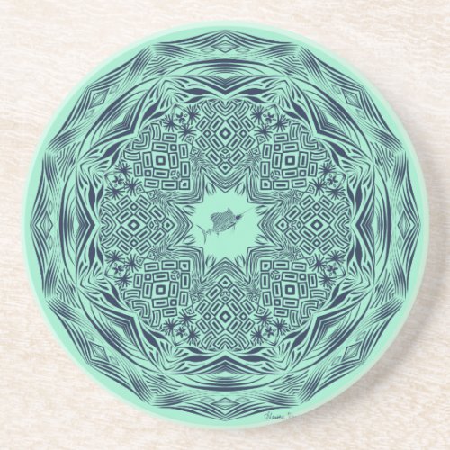 Navy Tribal Sailfish Mandala on Mint Drink Coaster