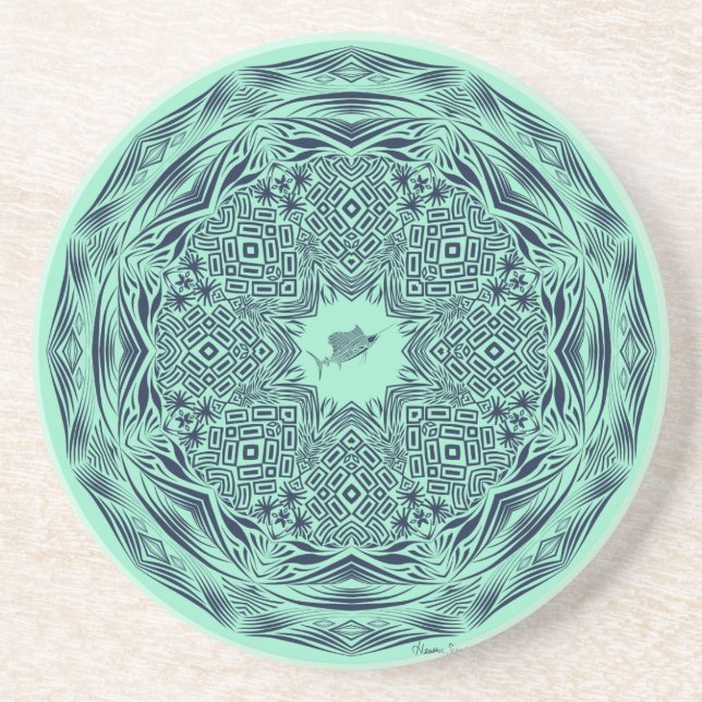 Navy Tribal Sailfish Mandala on Mint Drink Coaster (Front)