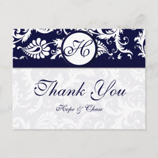 Navy Trim Damask Swirls Thank You Cards