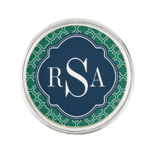 Navy Triple Monogram Emerald Quatrefoil Pattern Lapel Pin
