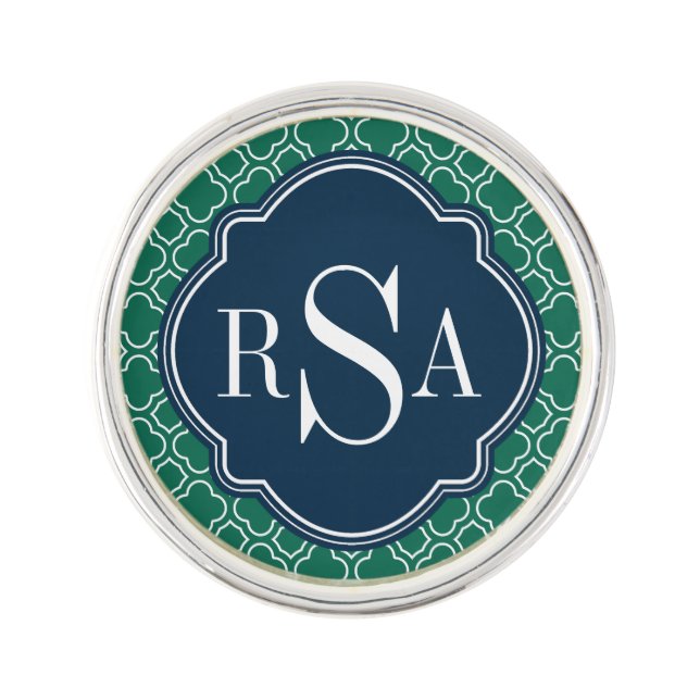 Navy Triple Monogram Emerald Quatrefoil Pattern Lapel Pin (Front)