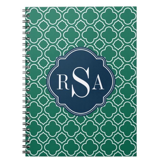 Navy Triple Monogram Emerald Quatrefoil Pattern Notebook (Front)