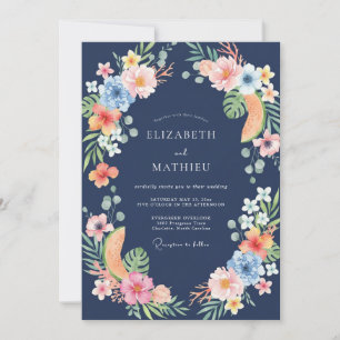 Navy Tropical Hibiscus Eucalyptus Wedding Invitation
