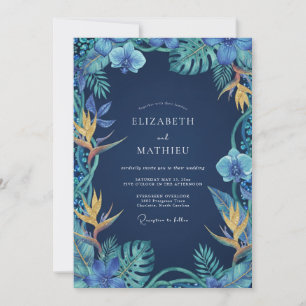 Navy Tropical Orchid Wedding Invitation