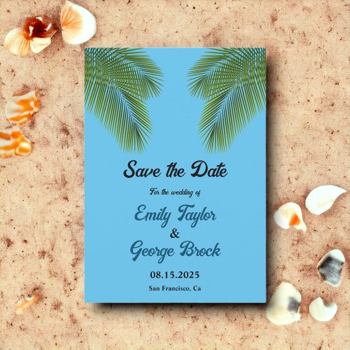 Navy Tropical Palm Blue Beach Destination Wedding Save The Date