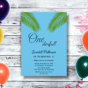 Navy Tropical Palm Coastal Beach 1st Birthday Invitation
