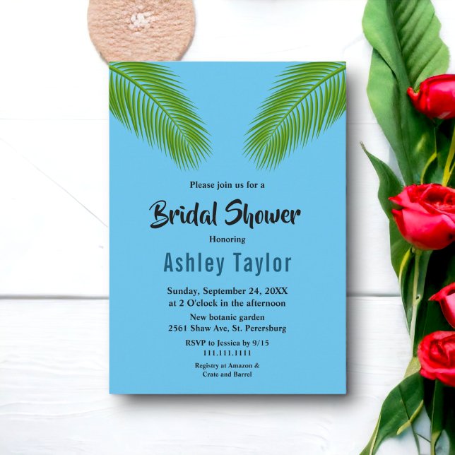 Navy Tropical Palm Leaf Beach Bridal Shower Invitation (Creator Uploaded)