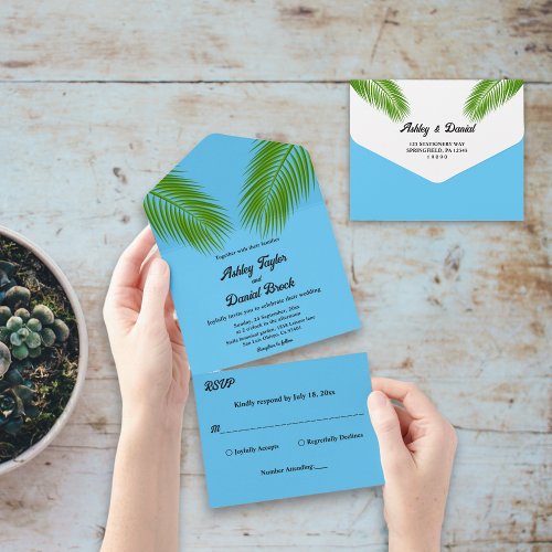 Navy Tropical Palm Leaf Blue Coastal Beach Wedding All In One Invitation
