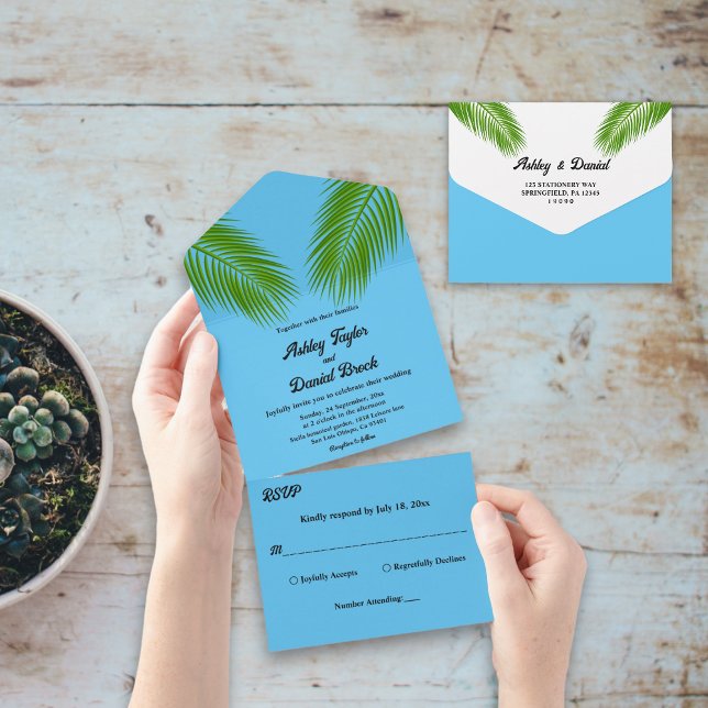 Navy Tropical Palm Leaf Blue Coastal Beach Wedding All In One Invitation (Creator Uploaded)