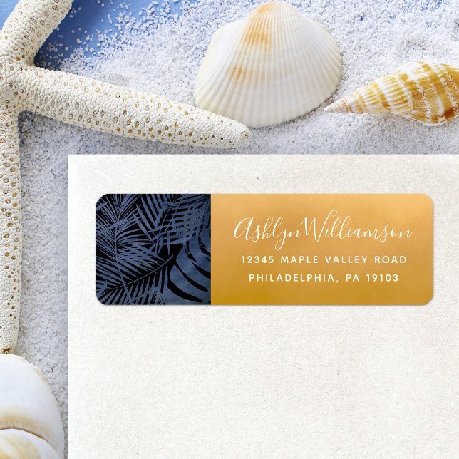 Navy tropical palm leaf modern script gold address label (Creator Uploaded)