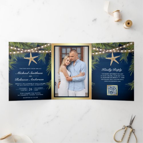 Navy Tropical Palm Leaves Starfish QR Code Wedding Tri-Fold Invitation