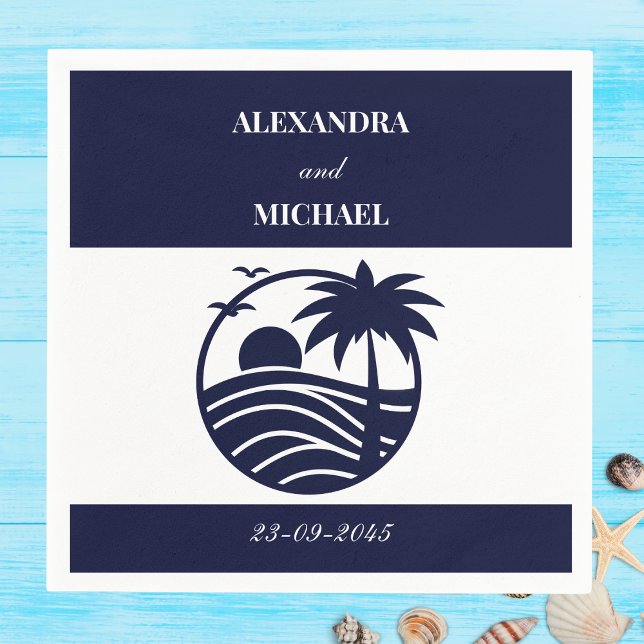 Navy Tropical Palm Tree Coastal Wedding Napkins (Creator Uploaded)
