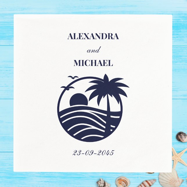 Navy Tropical Palm Tree Coastal Wedding Napkins (Creator Uploaded)