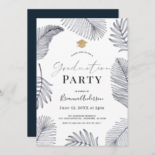 Navy Tropical Palm Tree Leaves Graduation Invitation