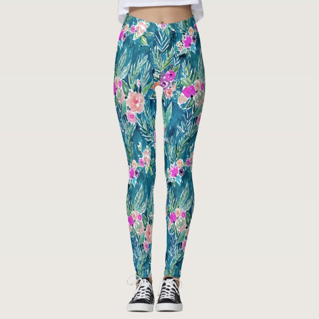Navy Tropical Paradise Floral Leggings (Front)