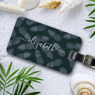Navy tropical pineapple pattern script custom name luggage tag