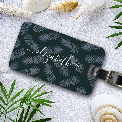 Navy tropical pineapple pattern script custom name luggage tag