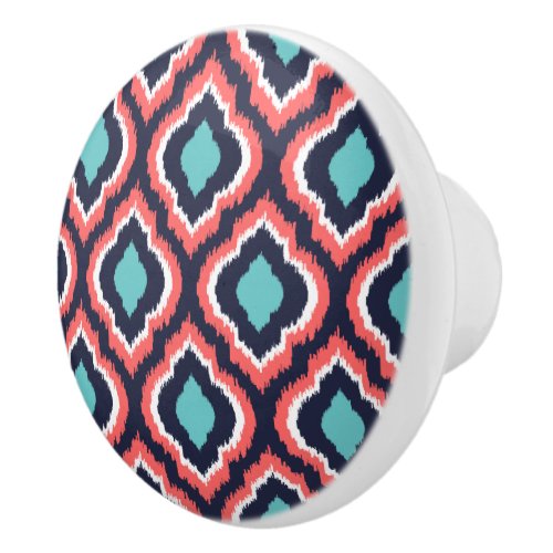 Navy Turquoise and Coral Ikat Moroccan Ceramic Knob