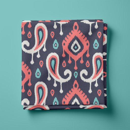 Navy Turquoise and Coral Ikat Paisley Fabric