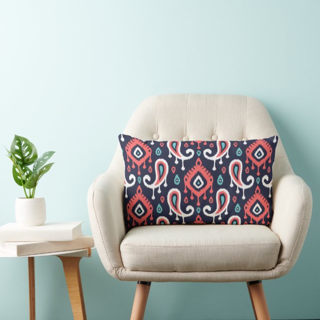Navy Turquoise and Coral Ikat Paisley Lumbar Pillow (Chair)