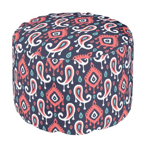 Navy Turquoise and Coral Ikat Paisley Pouf