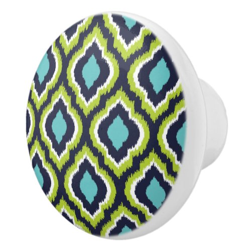 Navy Turquoise and Green Ikat Moroccan Ceramic Knob