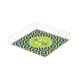 Navy Turquoise and Green Ikat Moroccan Monogram Acrylic Tray