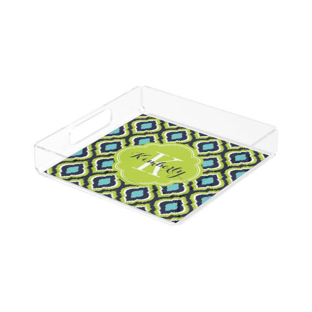 Navy Turquoise and Green Ikat Moroccan Monogram Acrylic Tray (Angled)