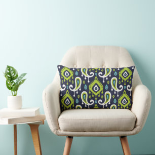 Navy Turquoise and Green Ikat Paisley Lumbar Pillow