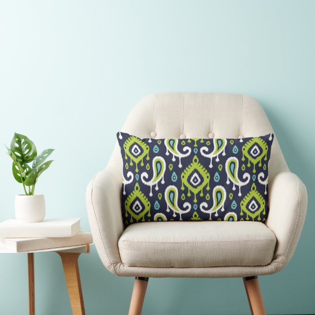 Navy Turquoise and Green Ikat Paisley Lumbar Pillow (Chair)
