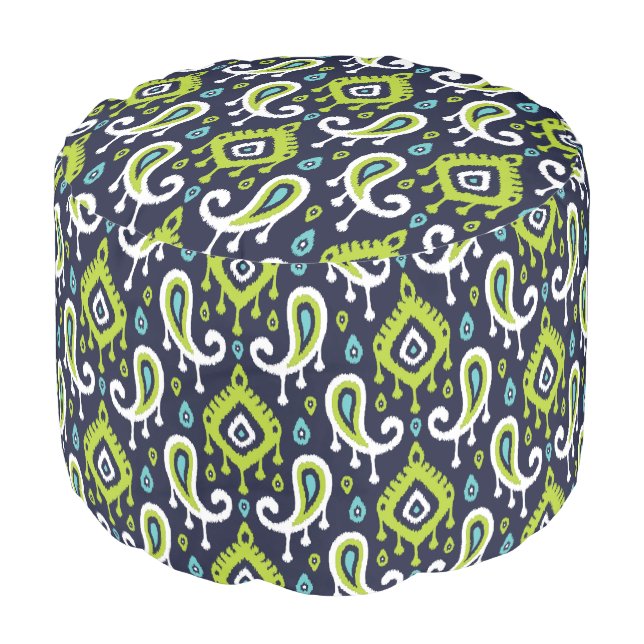 Navy Turquoise and Green Ikat Paisley Pouf (Angled Front)