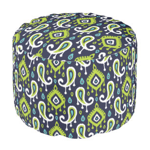 Navy Turquoise and Green Ikat Paisley Pouf