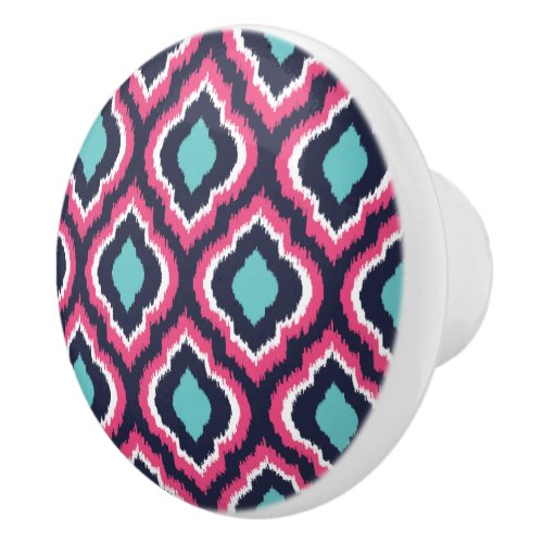 Navy Turquoise and Pink Ikat Moroccan Ceramic Knob
