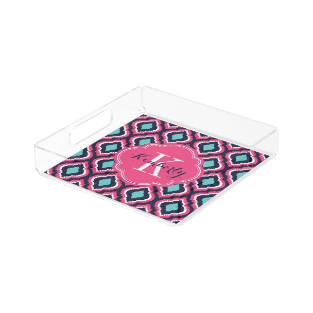 Navy Turquoise and Pink Ikat Moroccan Monogram Acrylic Tray (Angled)