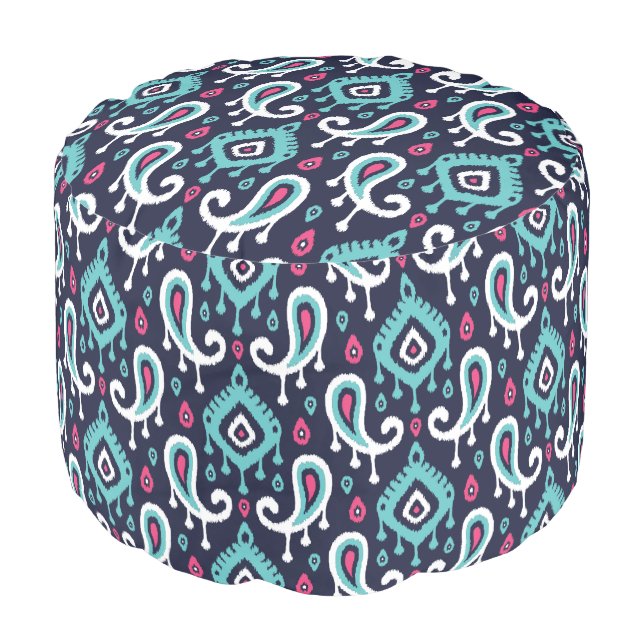 Navy Turquoise and Pink Ikat Paisley Pouf (Angled Front)