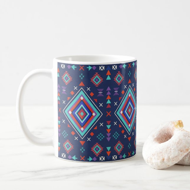 Navy Turquoise Boho Geometric Surface Pattern Coffee Mug (With Donut)