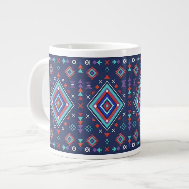 Navy Turquoise Boho Geometric Surface Pattern Giant Coffee Mug (Front Left)