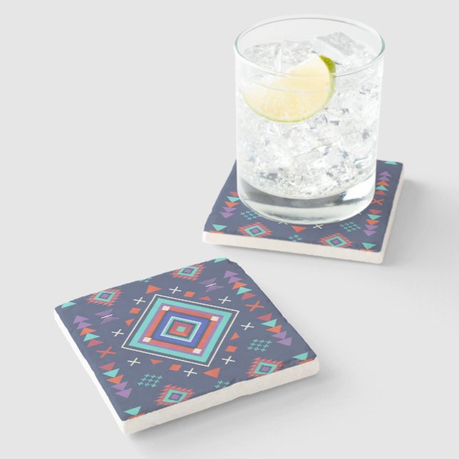 Navy Turquoise Boho Geometric Surface Pattern Stone Coaster (Side)