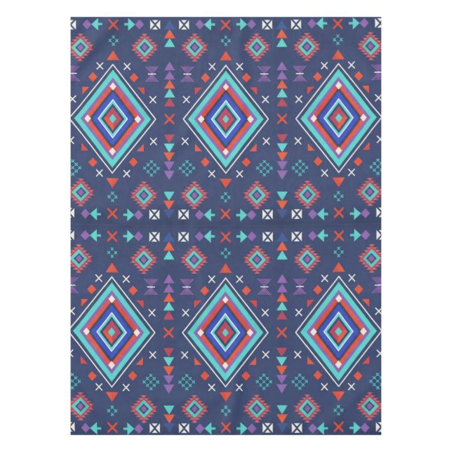 Navy Turquoise Boho Geometric Surface Pattern Tablecloth (Front)