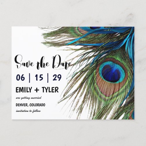 Navy Turquoise Peacock Feather Boho Save The Date Announcement Postcard