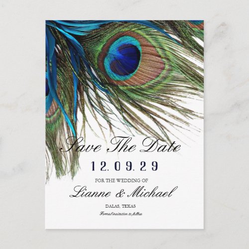 Navy Turquoise Peacock Feather Boho Save The Date Announcement Postcard